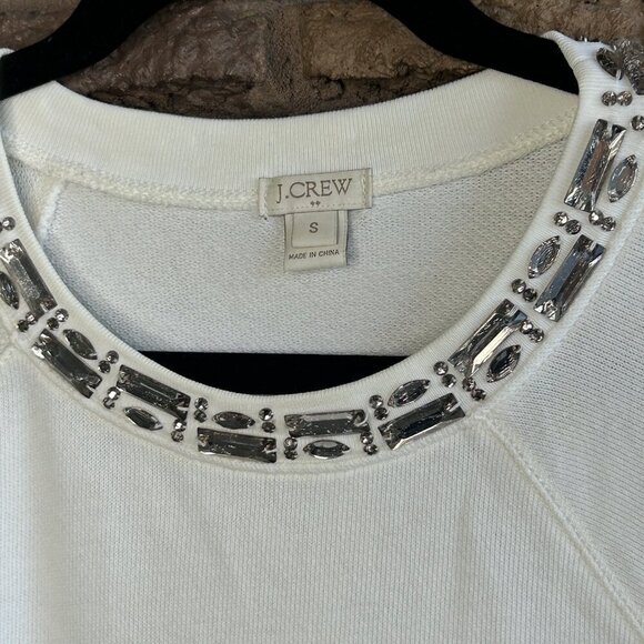 J. Crew White Knit Beaded Jeweled Neckline Short Sleeve Sweater Size Small - Picture 5 of 8